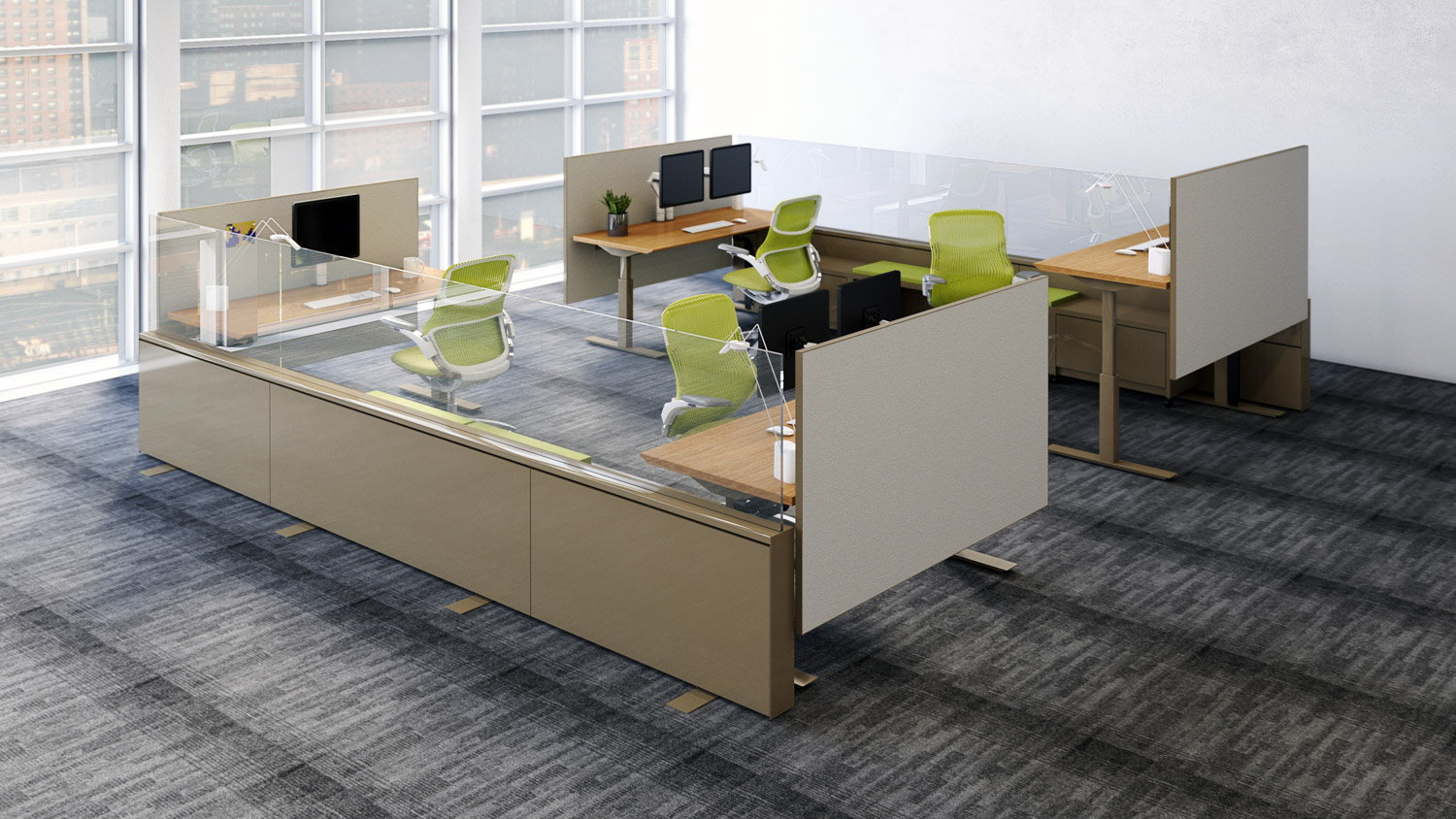 Antenna Workspaces Fence Antenna desk screen Tone height-adjustable table Sapper XYZ monitor arm Generation by Knoll work chair arriving workstation privacy screen divider add up glass Sparrow desktop light