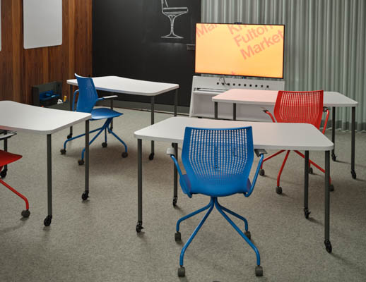 Design Days 2021 multigeneration by knoll pixel table rockwell unscripted media cart knoll at fulton market design sprint space