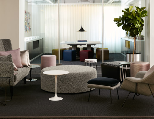 neocon showroom 2017 rockwell unscripted occasional table high back settee saarinen womb chair k. lounge pouf k. l ounge ottoman immersive planning