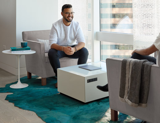 Krefeld lounge chair KnollExtra Power Cube Saarinen side table Edelman Kyle Bunting rug refuge focus shared spaces