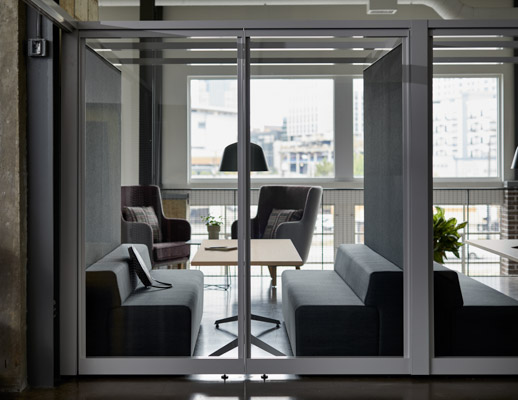 rockwell unscripted creative wall fixed fins glass fins enclosed rooms shared walls k. lounge bench with back dividends y base table highback chair lounge muuto ambit pendant lamp lighting booths banquettes